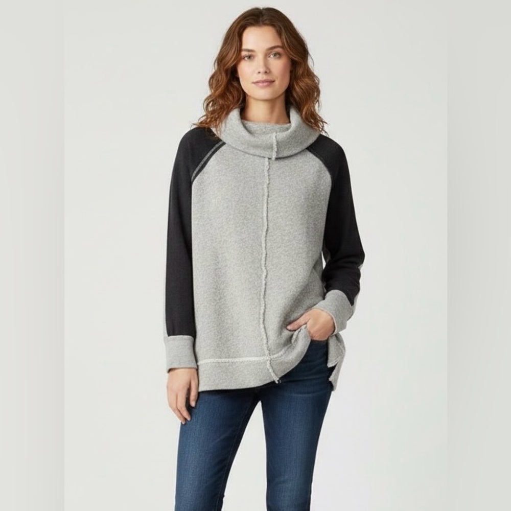 Free People grey sweater, black sleeve panels, cowl collar, distressed,ragged, S
